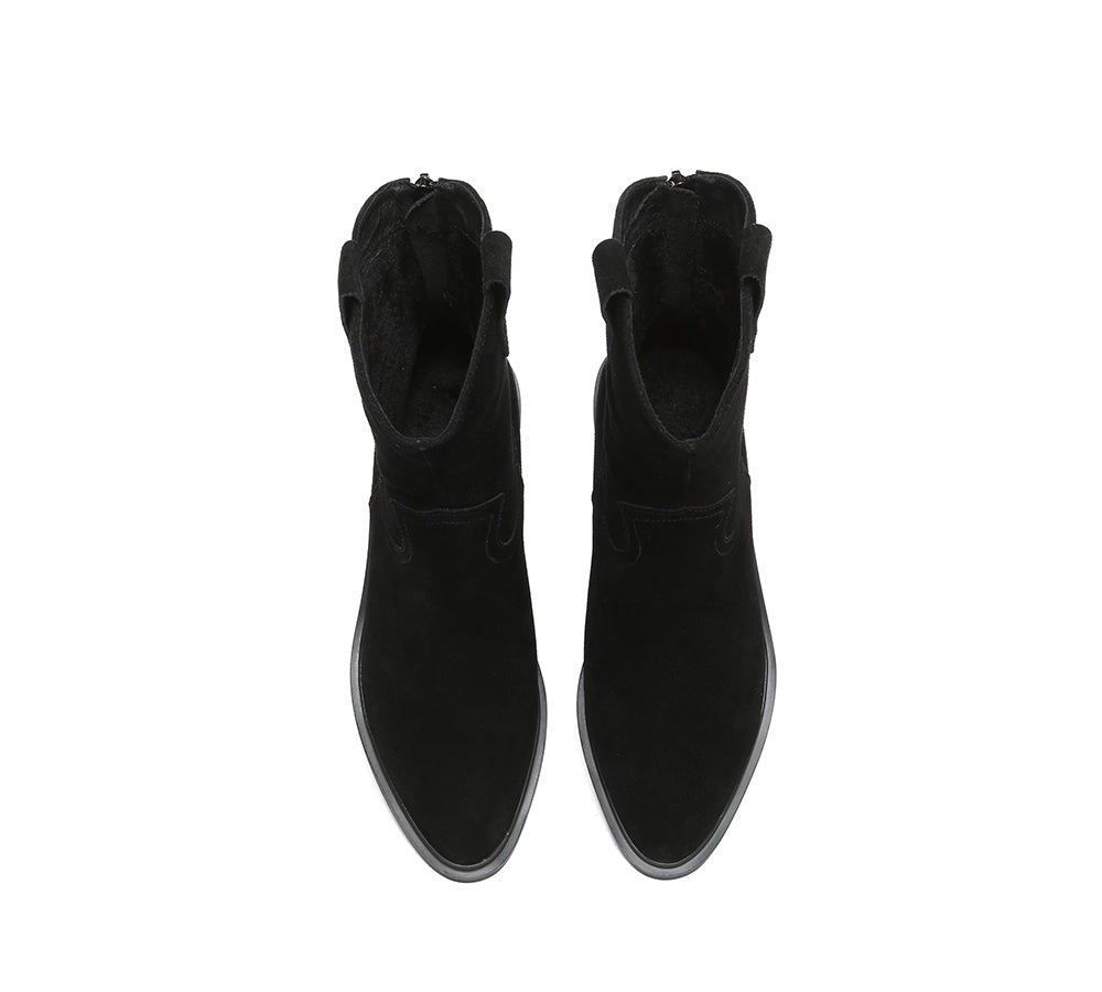 EVERAU® Women Boots Leather Zipper Pointed Toe Block Heel Lewis