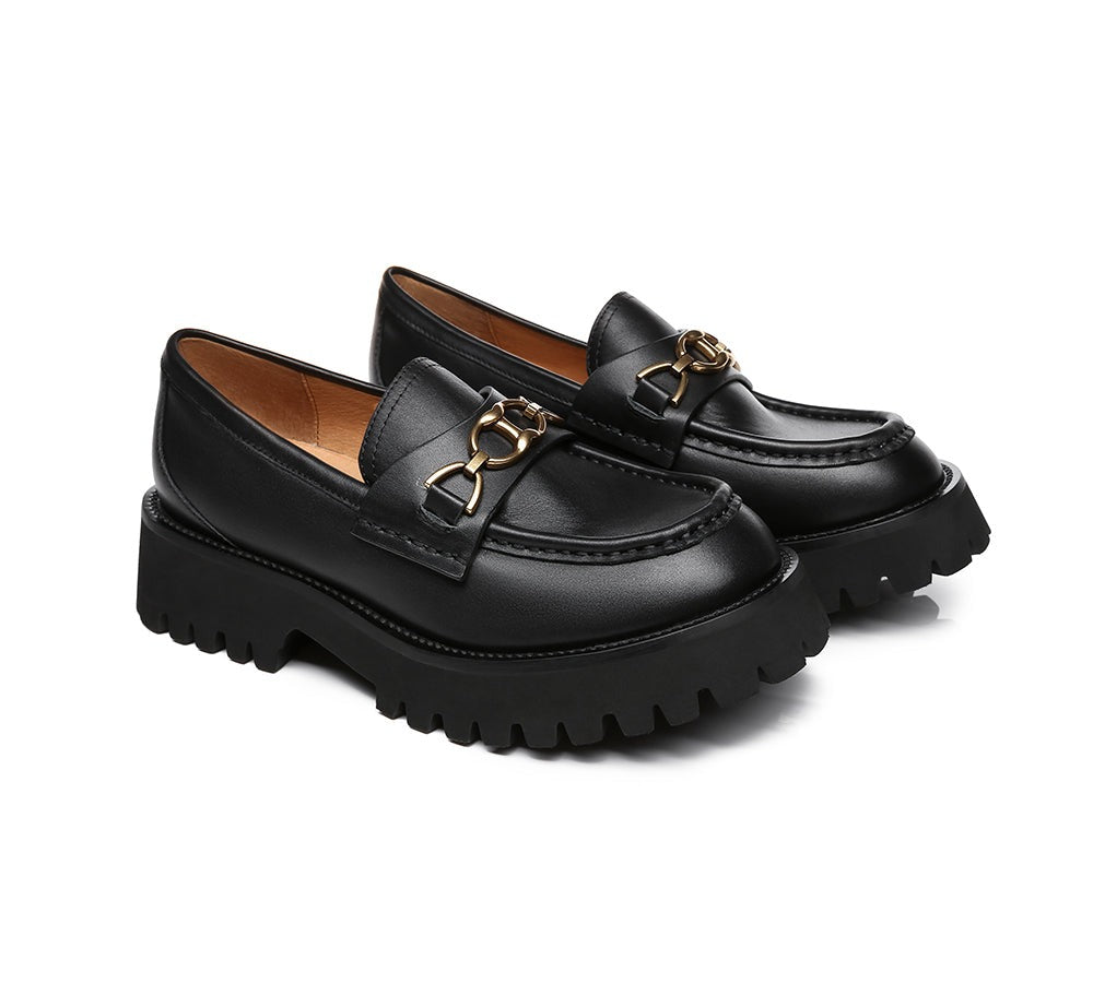 EVERAU® Women Leather Gold Buckle Platform Chunky Loafers Patty