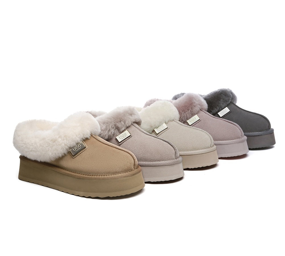 EVERAU® Slippers Women Sheepskin Wool Collar Ankle Platform Gabri