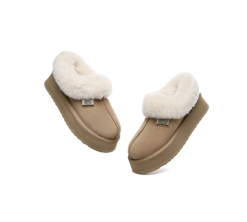 EVERAU® Slippers Women Sheepskin Wool Collar Ankle Platform Gabri