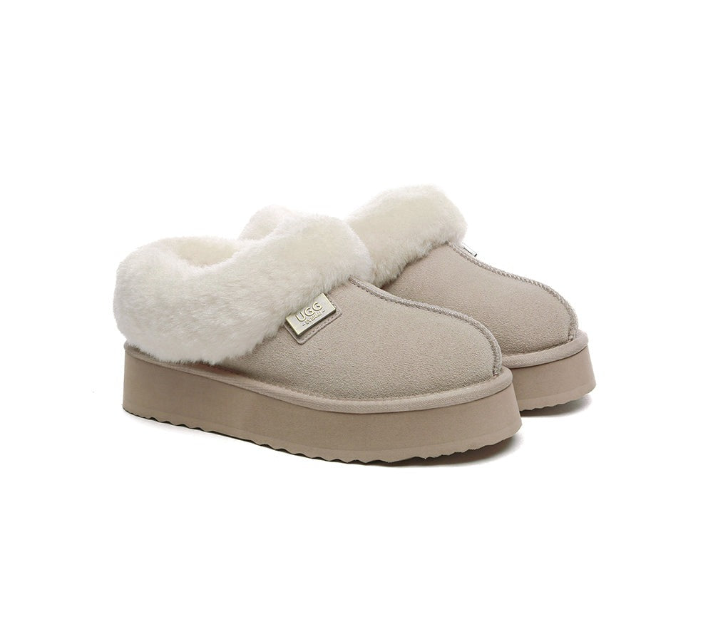 EVERAU® Slippers Women Sheepskin Wool Collar Ankle Platform Gabri