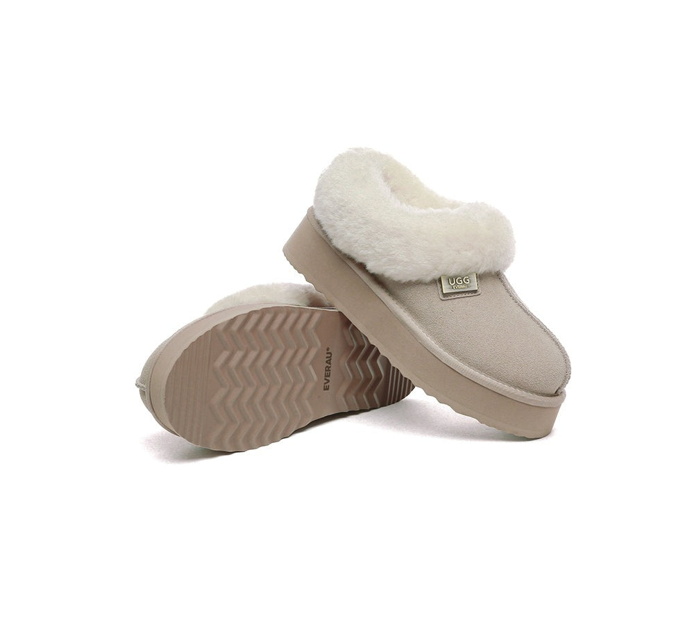 EVERAU® Slippers Women Sheepskin Wool Collar Ankle Platform Gabri