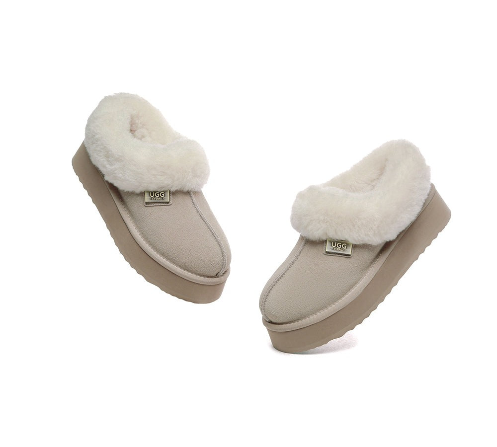 EVERAU® Slippers Women Sheepskin Wool Collar Ankle Platform Gabri