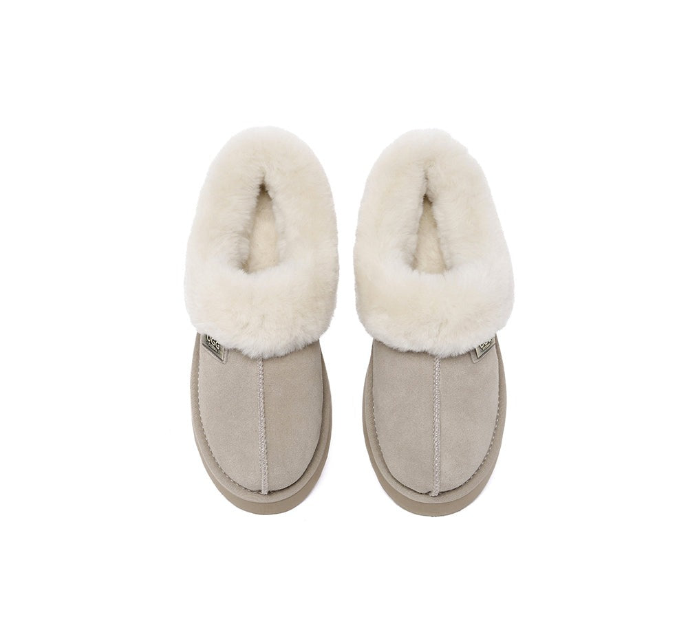 EVERAU® Slippers Women Sheepskin Wool Collar Ankle Platform Gabri