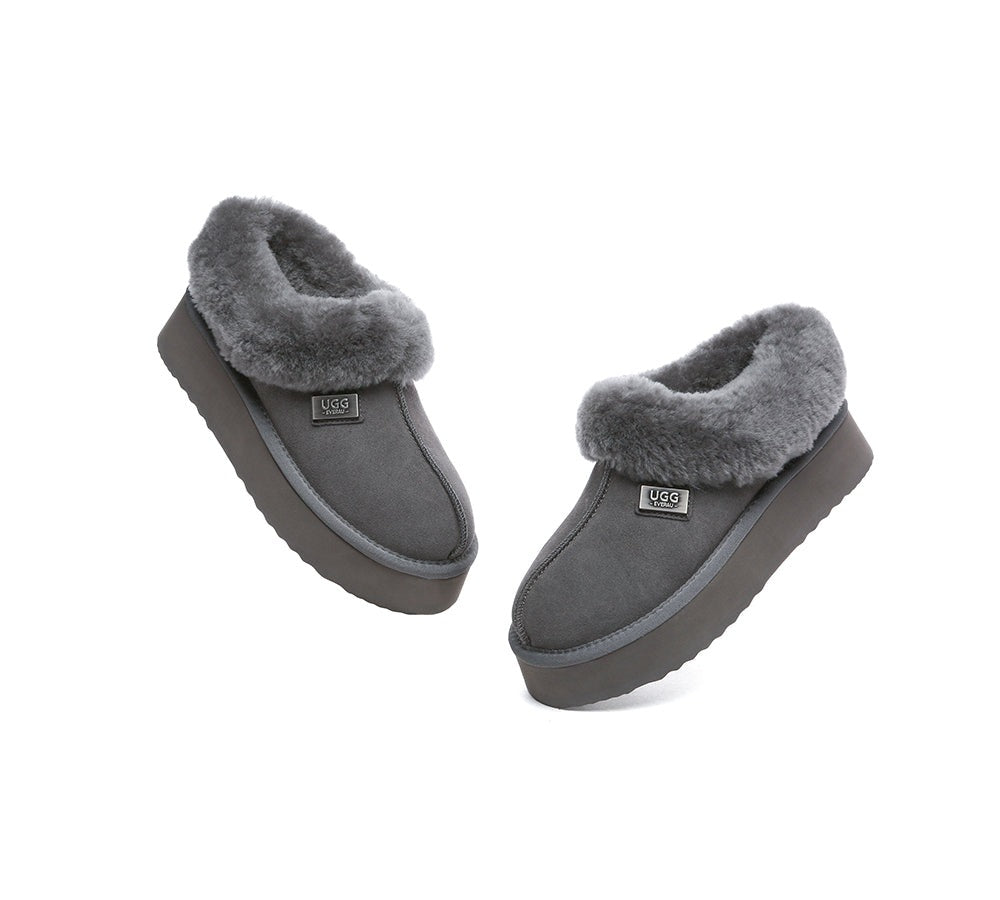 EVERAU® Slippers Women Sheepskin Wool Collar Ankle Platform Gabri