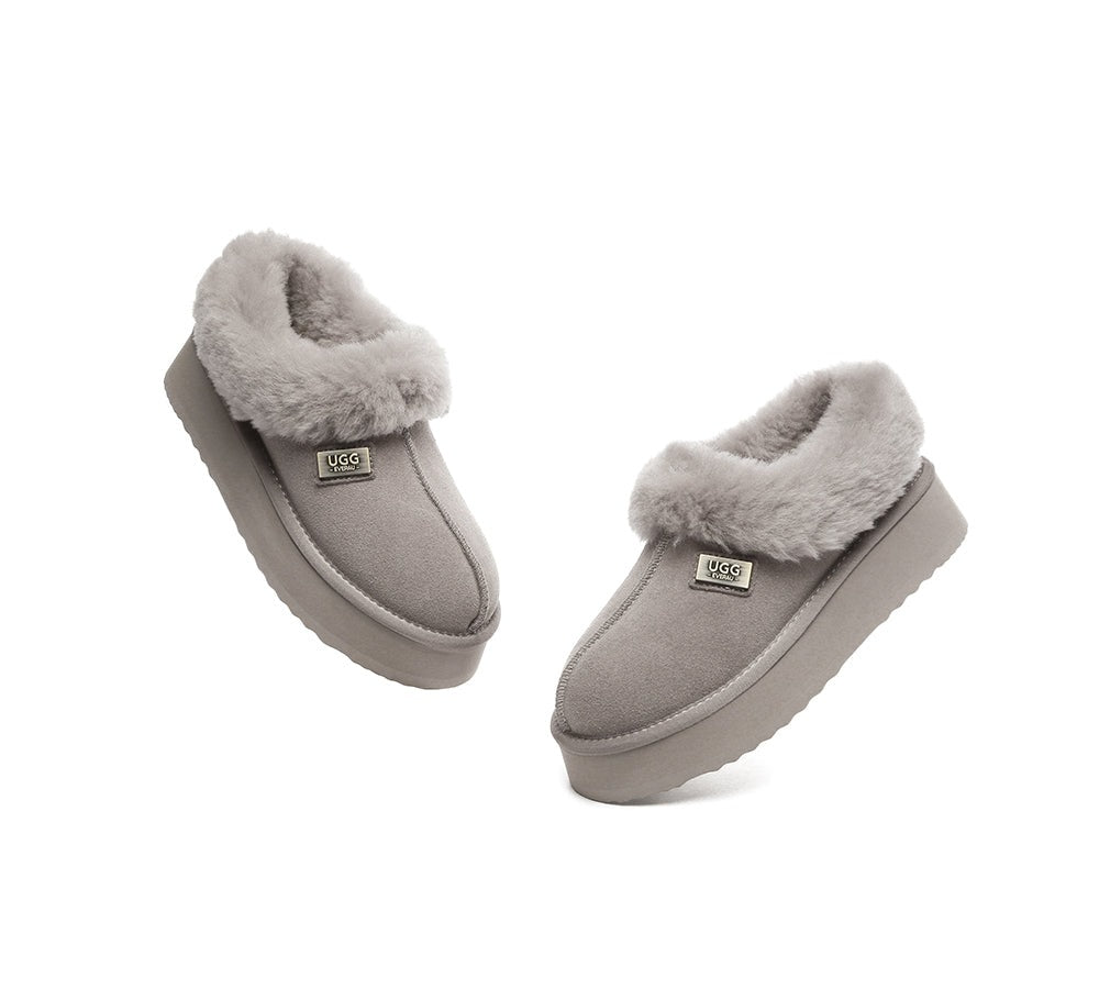 EVERAU® Slippers Women Sheepskin Wool Collar Ankle Platform Gabri