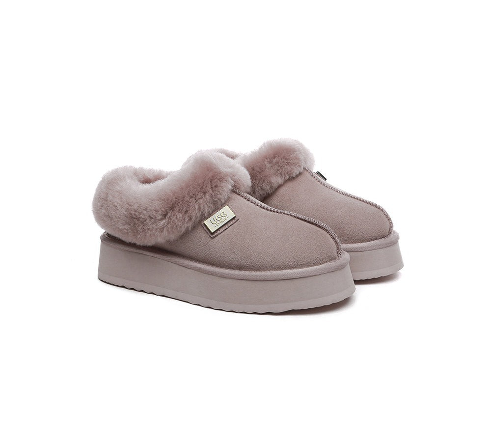 EVERAU® Slippers Women Sheepskin Wool Collar Ankle Platform Gabri