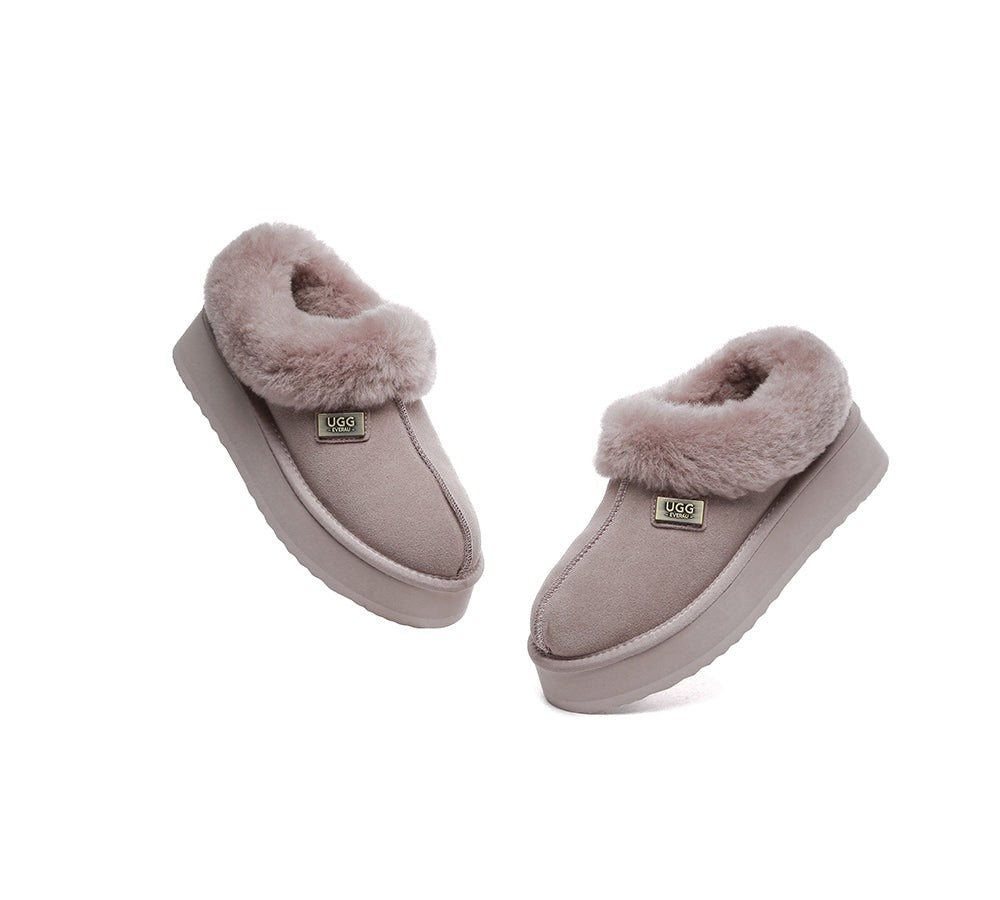 EVERAU® Slippers Women Sheepskin Wool Collar Ankle Platform Gabri